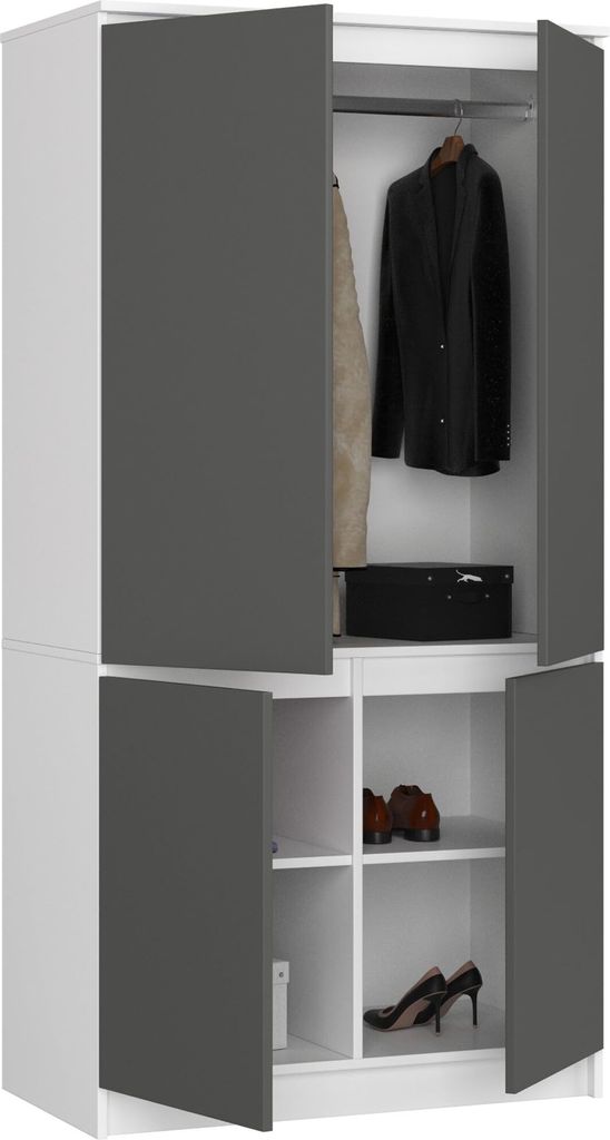 BDW 4-Türiger Kleiderschrank, Garderobenschrank 4 Fachböden, Weiß / Grau