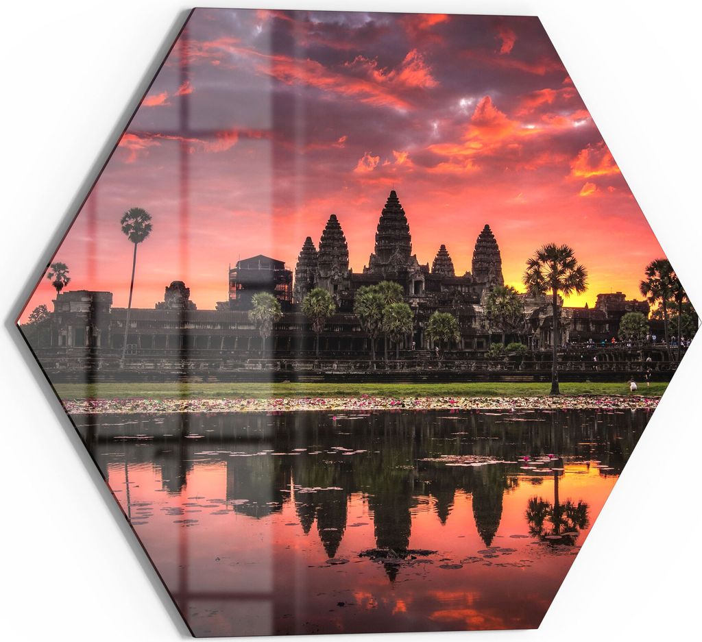 DEQORI Glasbild Echtglas 40x35 cm 'Angkor Wat in Morgenröte' Wandbild Bild modern Deko