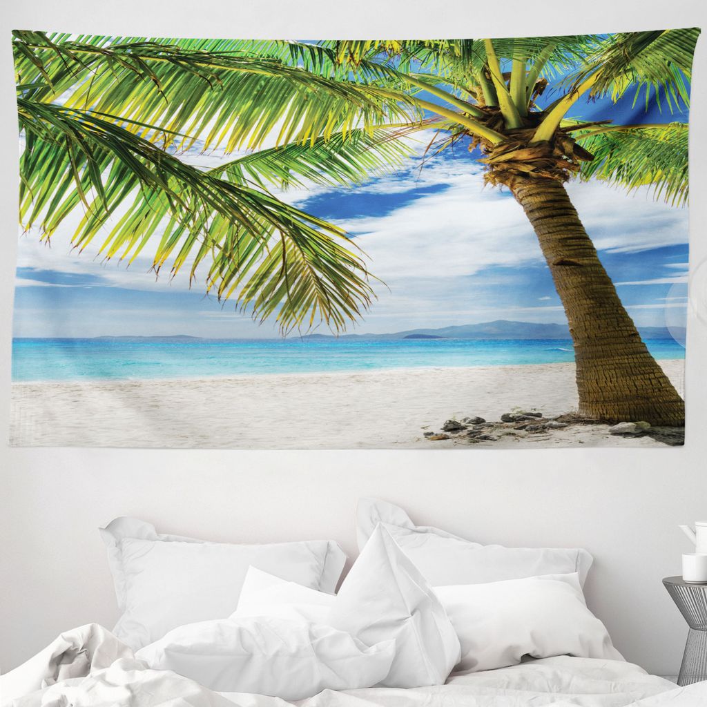 ABAKUHAUS Baum Wandteppich, Sandy Beach Sunny aus Weiches Mikrofaser Stoff Waschbar ohne Verblassen Digitaldruck, 230 x 140 cm, Coconut Grün Blau
