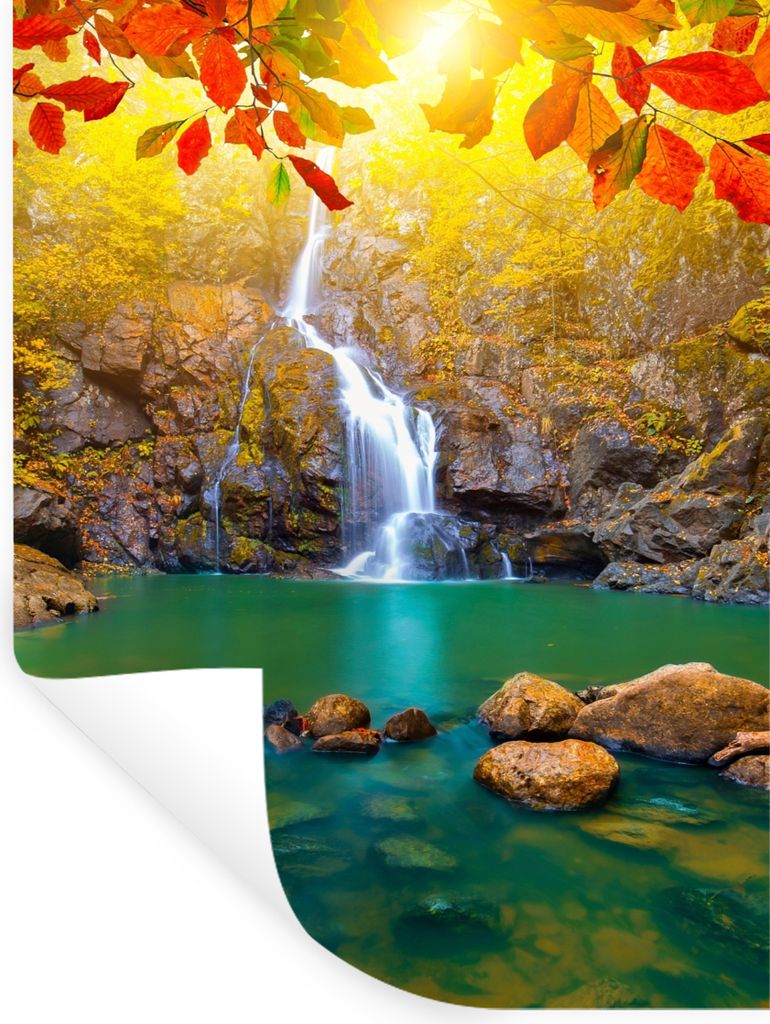 MuchoWow Wandtattoo Wandsticker Wandaufkleber Steine - Baum - Wasserfall - Herbst - Rot 60x80 cm Selbstklebend und Repositionierbar - Repositioni...