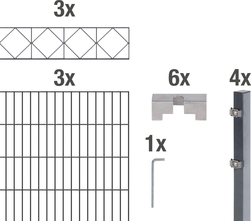 Alberts Doppelstabmattenzaun Bergen, Höhe 140 cm, Länge 6 m, 2 m Matte, anthrazit, zum Einbetonieren