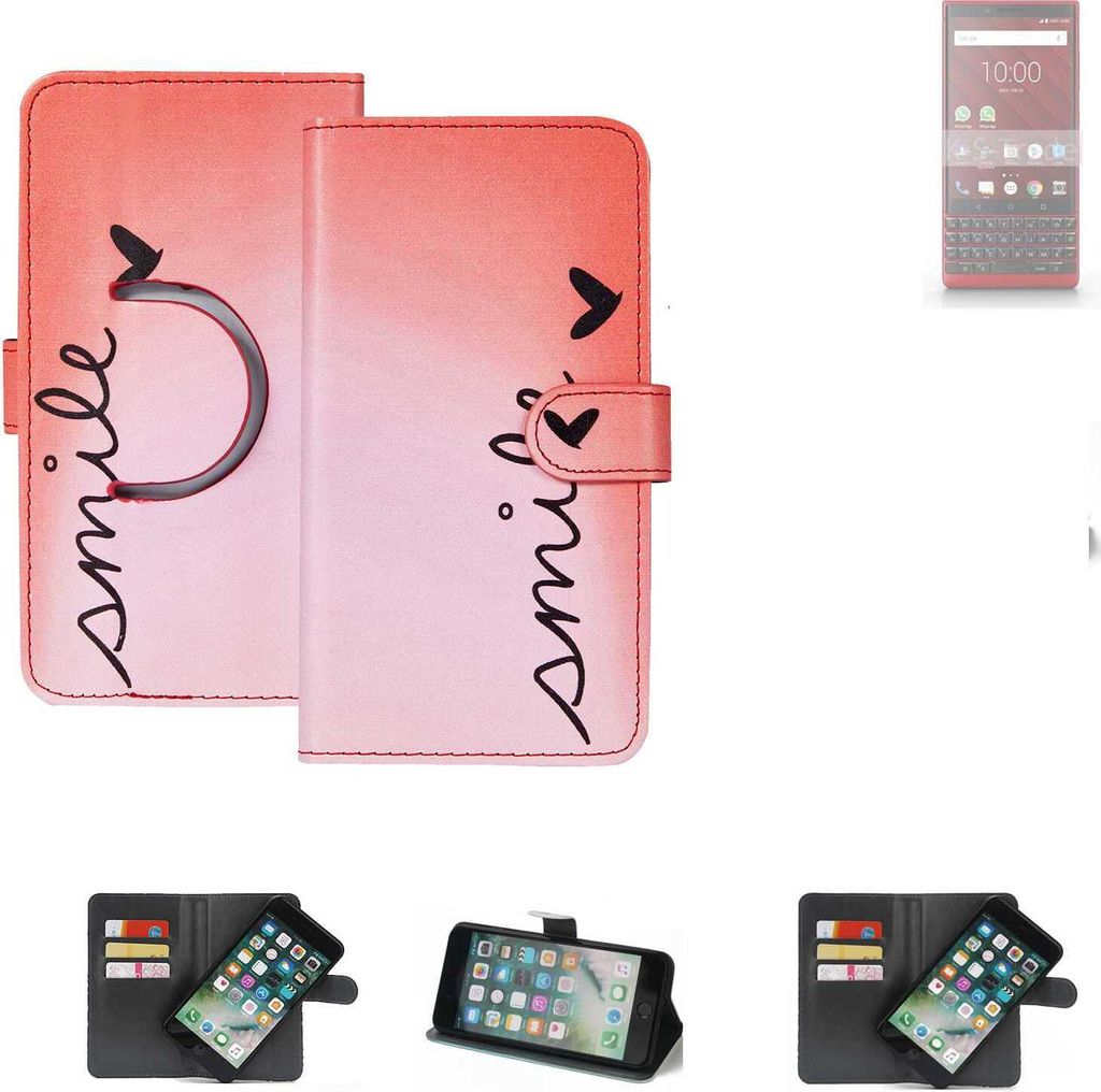 K-S-Trade Schutzhülle Handyhülle kompatibel mit Blackberry KEY2 Red Edition Hülle cover bookstyle Etui ''smile'' rot Standfunktion Kameraschutz
