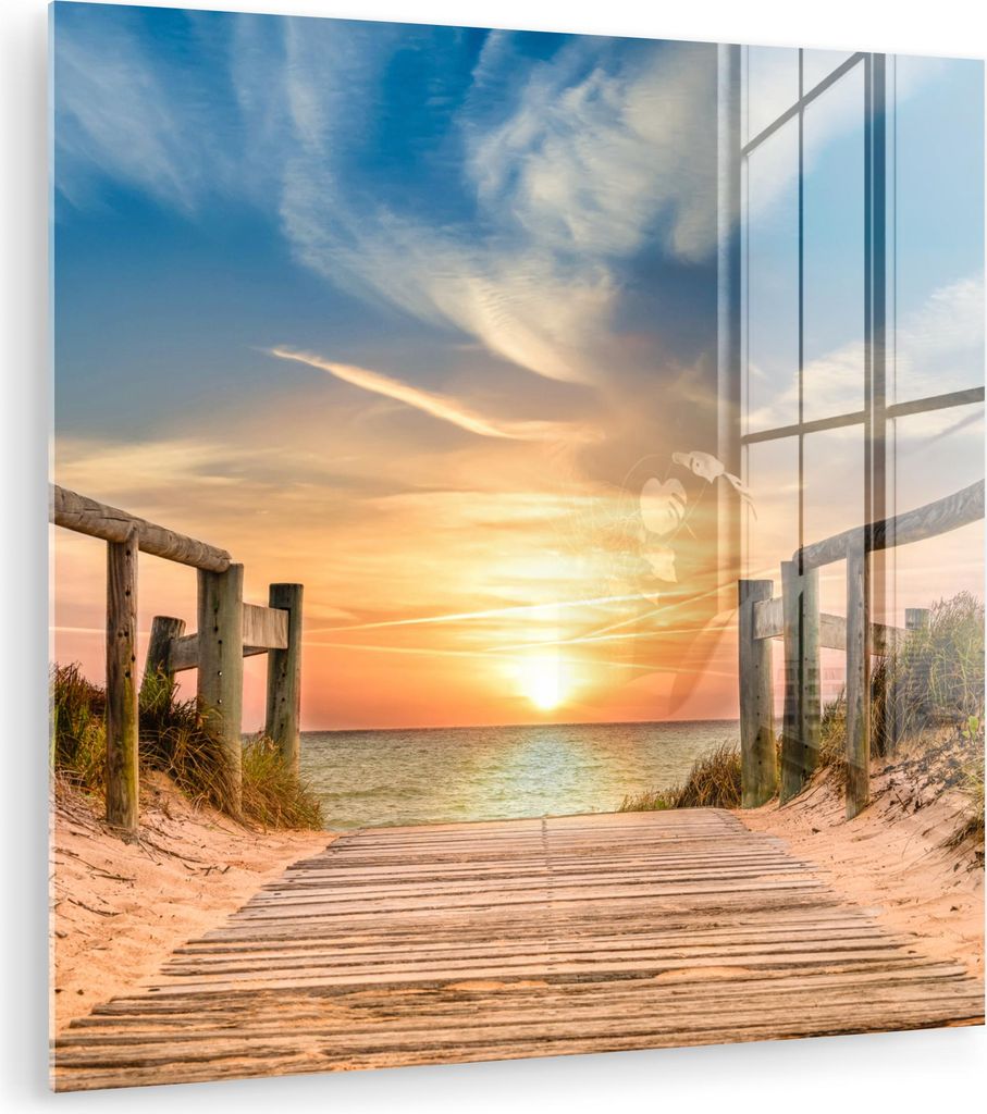 MuchoWow Glasbilder - Bilder auf Wandbild - Foto auf Glas Strand - Sonnenuntergang - Weg - Dünen 20x20 cm Wanddekoration aus Glas - Acrylglasbild ...