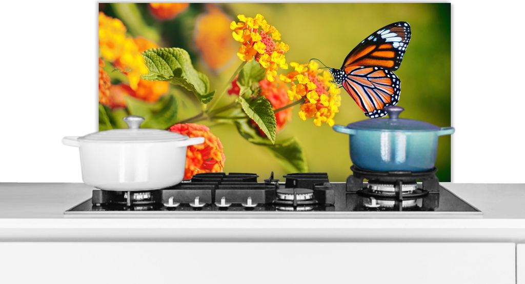 KitchenYeah Spritzschutz Küche - Küchenrückwand - Wandschutz für Herd und Spüle - Schmetterling - Insekten - Blumen - Gelb 90x45 - Alu-Dibo...