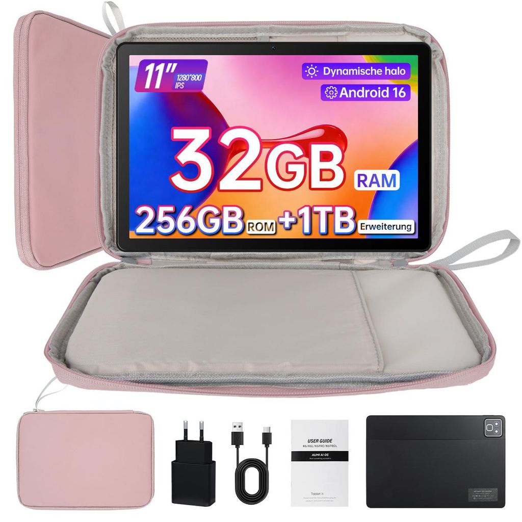 Tablet 11 Zoll mit Android 16, 32(3+29)GB RAM, 256 GB ROM (erweiterbar auf 1 TB per TF-Karte), 5 MP + 8 MP Kamera, WLAN 6, 7800 mAh, inklusive Tasche