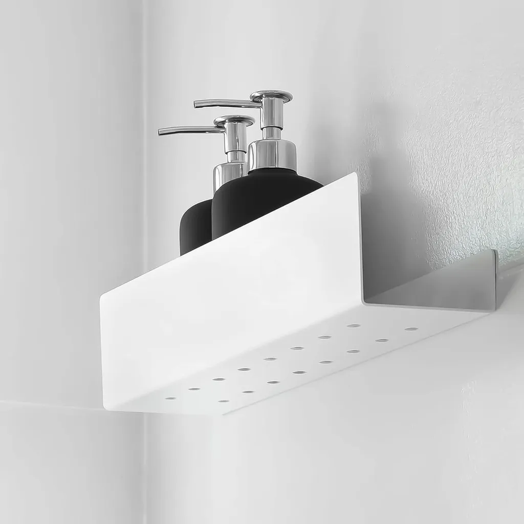 Tablette de douche murale blanche 40 cm en inox montage sans trou