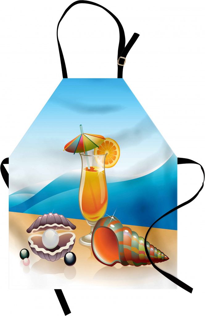 ABAKUHAUS Perlen Kochschürze, Muscheln und Glas Orangensaft mit Meerblick-Sommer-Strand-Karikatur-Kunst, Farbfest Höhenverstellbar Waschbar Klare...