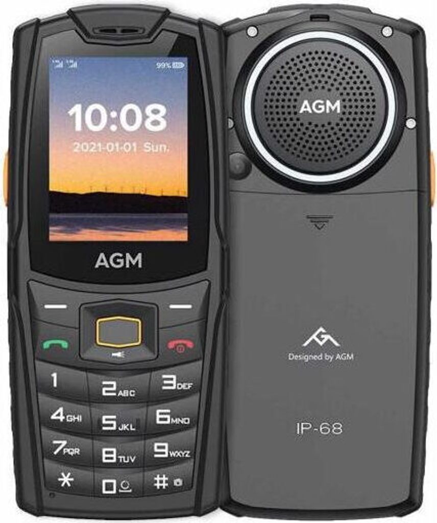 A rugged AGM mobile phone is shown from the front and back.