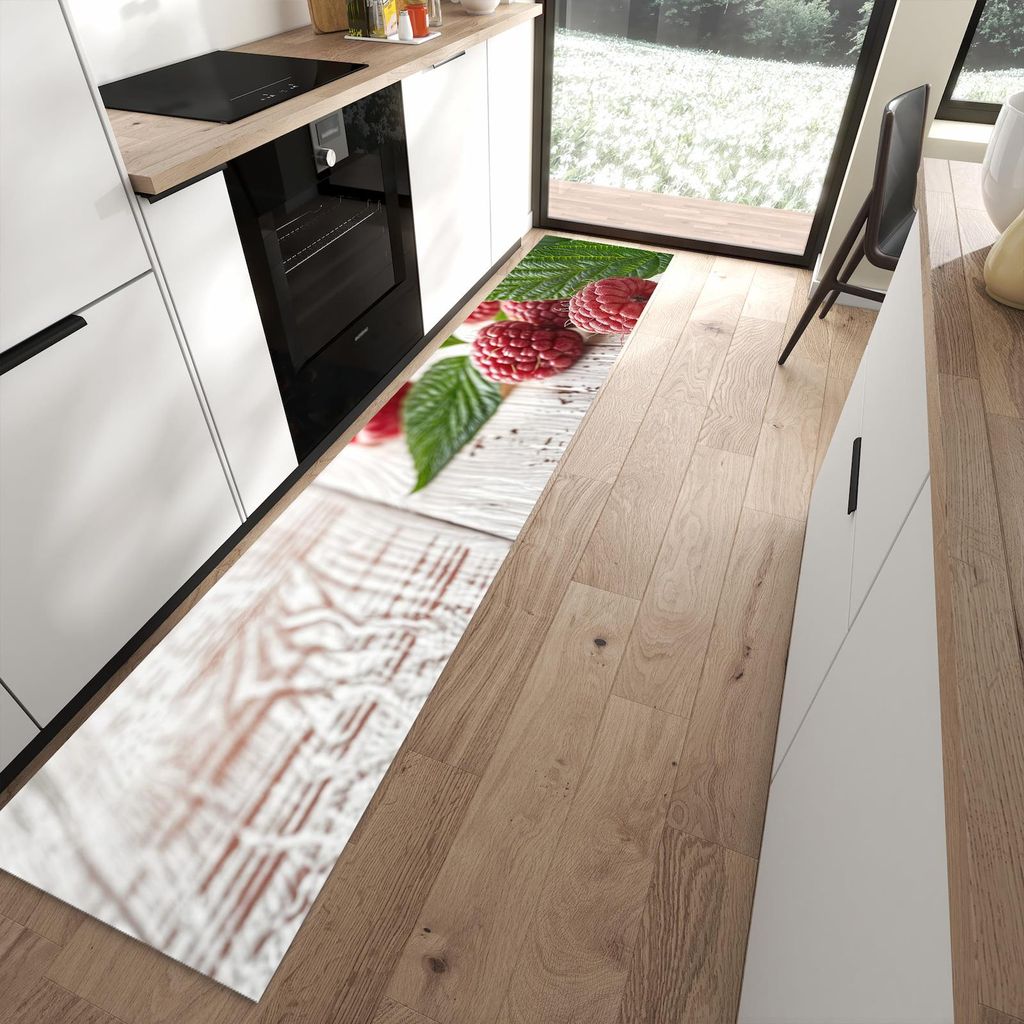 Küchenteppich 60x300cm rutschfest & abwischbar PVC Läufer - Himbeeren Holztisch