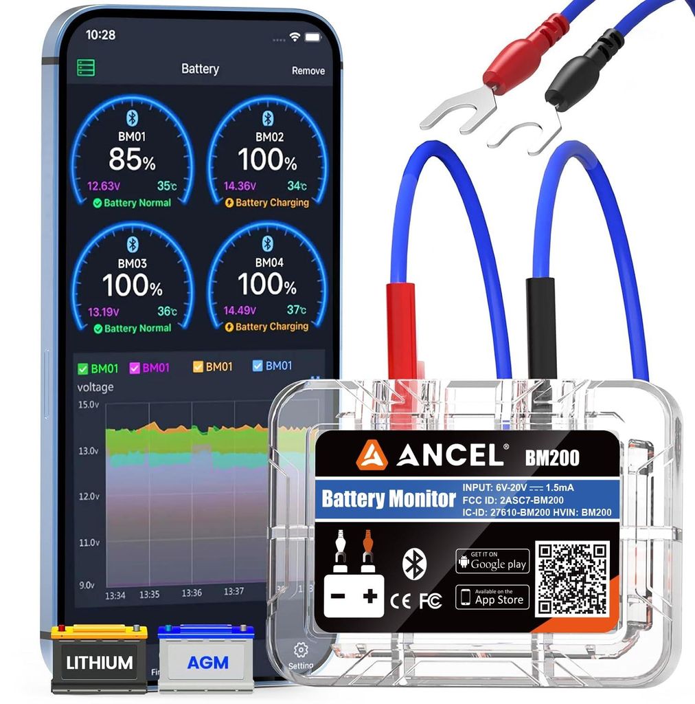 12V Batterie Monitor Bluetooth, Start-/Ladetest, für Lithium & Blei-Säure