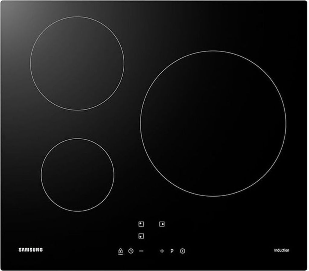 A top-down view of a black induction cooktop with three heating elements.