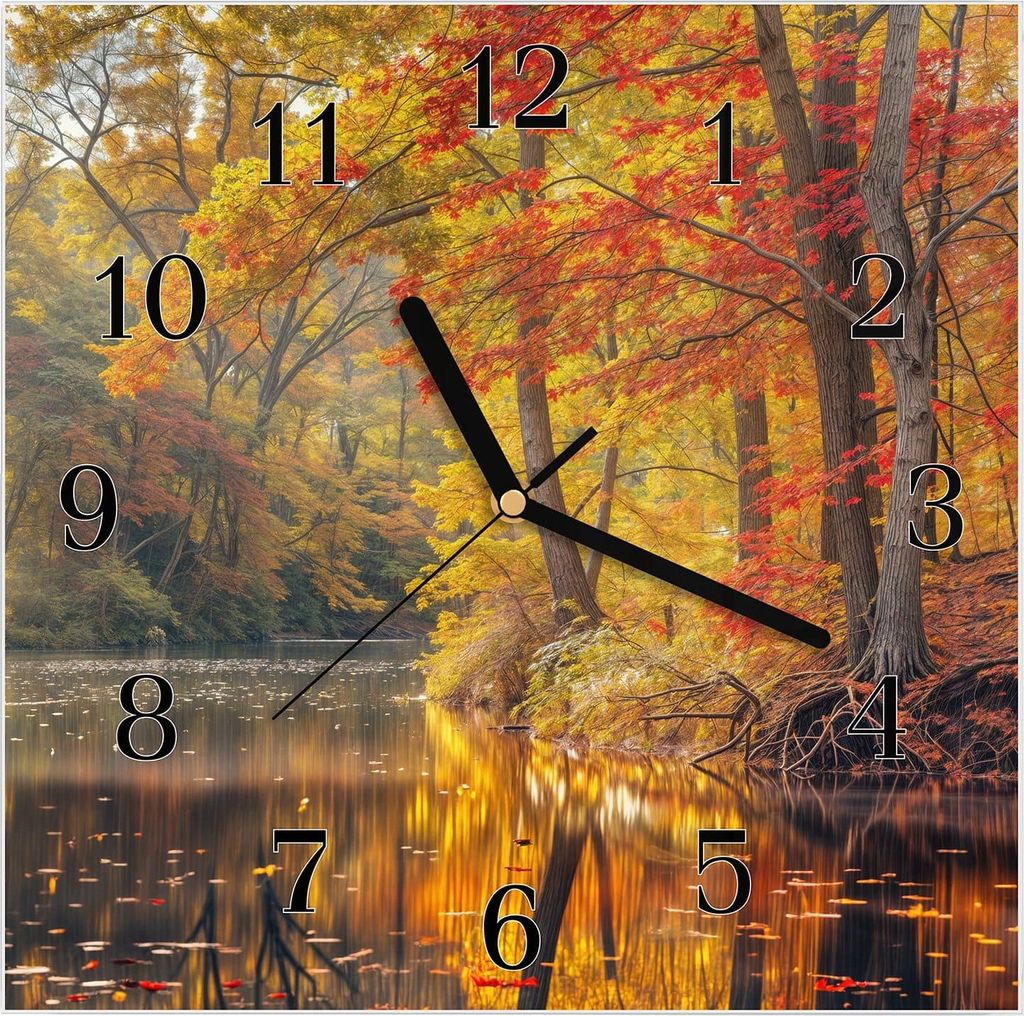 Wanduhr aus Glas mit Motiv Herbstwald See- 30 x 30 cm - Produktbild 