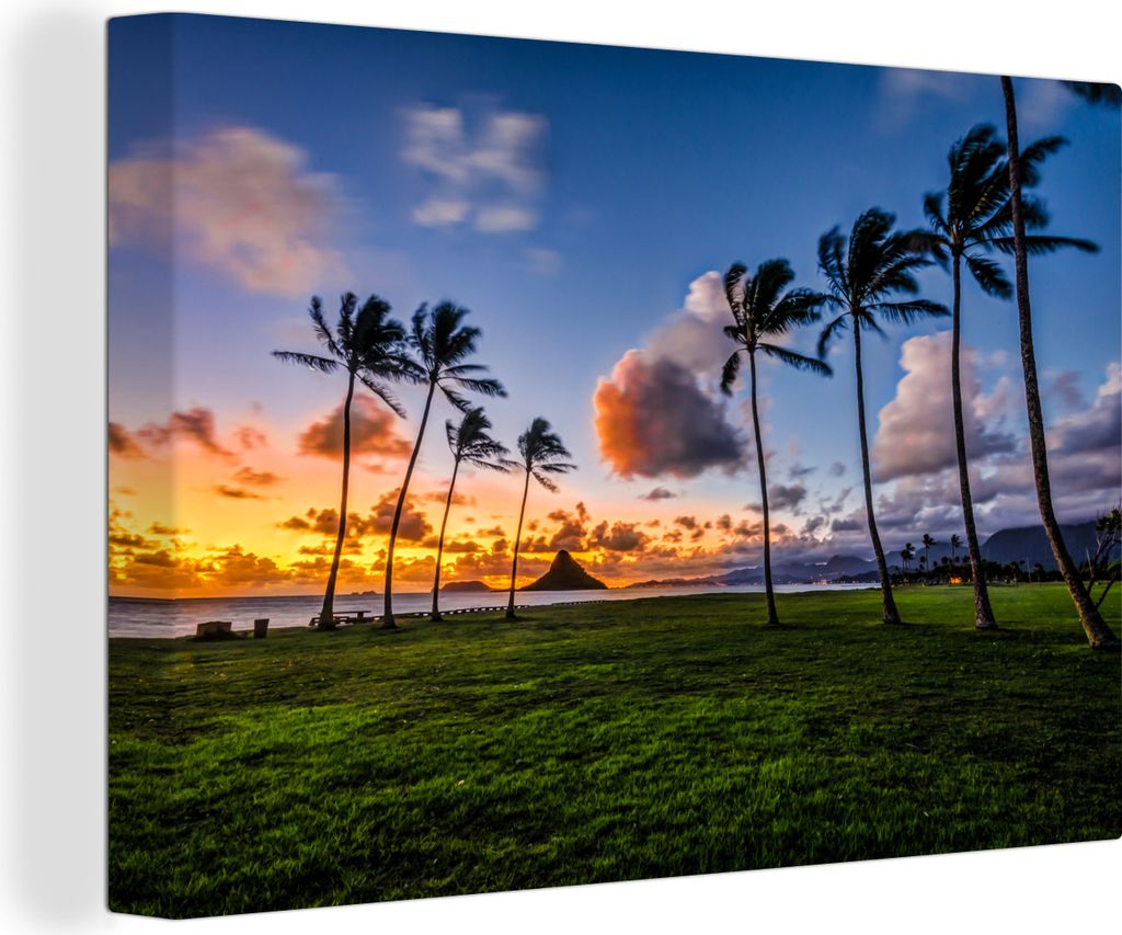 OneMillionCanvasses - Leinwandbilder - 150x100 cm, Sonnenuntergang über einer Reihe von Palmen auf Hawaii, Wandbilder Kunstdruck Wanddekoration