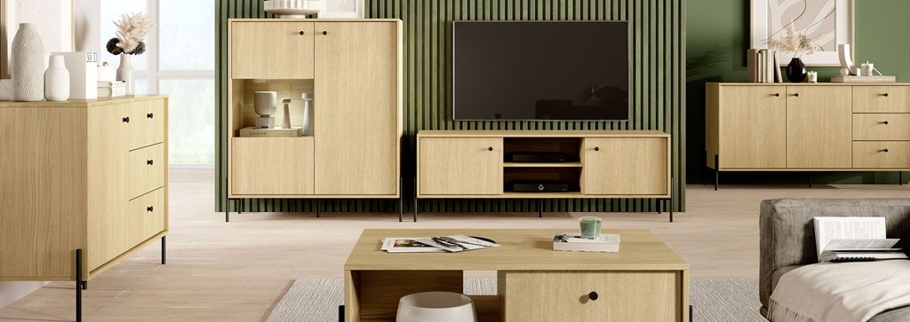 Wohnzimmer-set SCANDI 2 Couchtisch G + TV-Schrank F + Vitrinen A + Kommode D +Kommode B Scandi Eiche Scandi Fischgrät Wohnzimmer