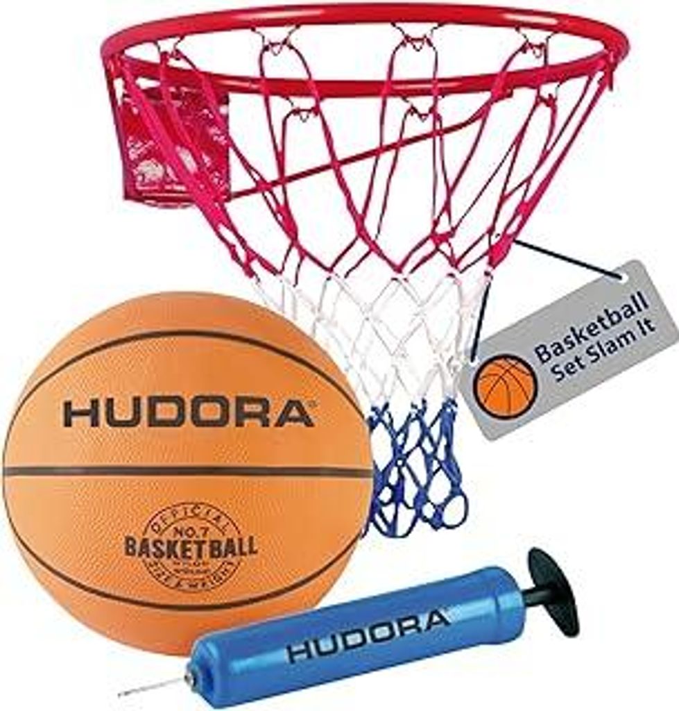 HUDORA Basketball-Set Slam It - Set Mit Korb, Ball Größe 7 & Handpumpe - Robuster Korb Für Drinnen & Draußen - Aus Gummi Für Kinder & Erwachsene