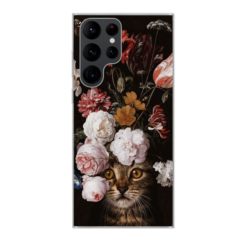 MuchoWow Handyhülle Schutzhülle Hülle für Samsung Galaxy S22 Ultra Katze - Blumen - Kunst Silikon Softcase Handy Hülle - Abbildung