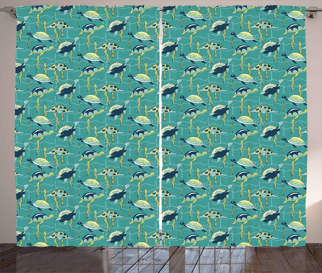 ABAKUHAUS Schildkröte Rustikaler Vorhang, Ozean und bunte Tiere, Wohnzimmer Universalband Gardinen mit Schlaufen und Haken, 280 x 245 cm, Mehrfarbig