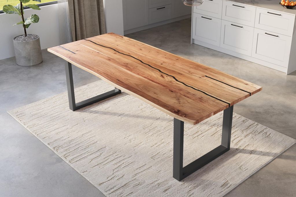 Baumkantentisch 280 x 100 cm Polly, Epoxidharz-Adern in Schwarz, Akazienholz massiv + naturfarben, Esstisch mit U-Eisengestell Schwarz, Tischplatte...