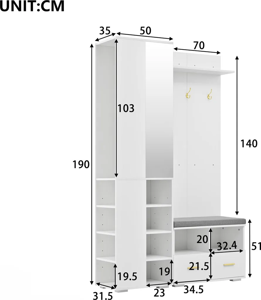Optimiser l'entrée : Vestiaire blanc 120x35cm avec banc et miroir mural