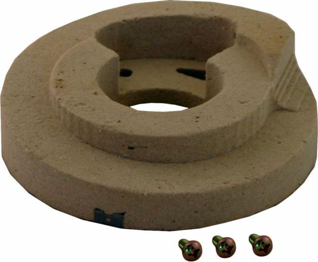 A close-up studio shot of a beige, circular component with a central opening and a stepped design. Three small screws are visible in the foreground.