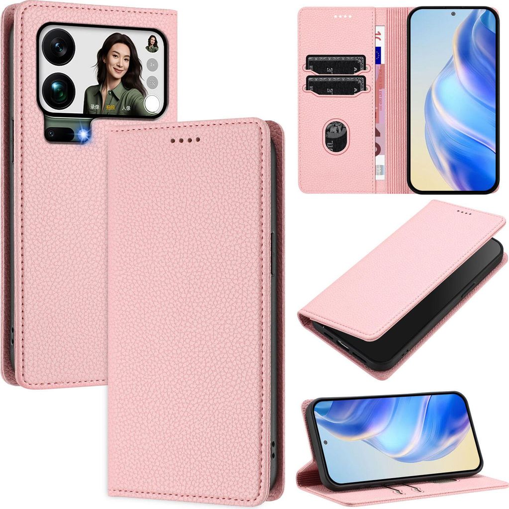 Litchi Leder Handyhülle für Xiaomi 17 Pro Max Wallet Kartenfächer Standfunktion Hülle Pink
