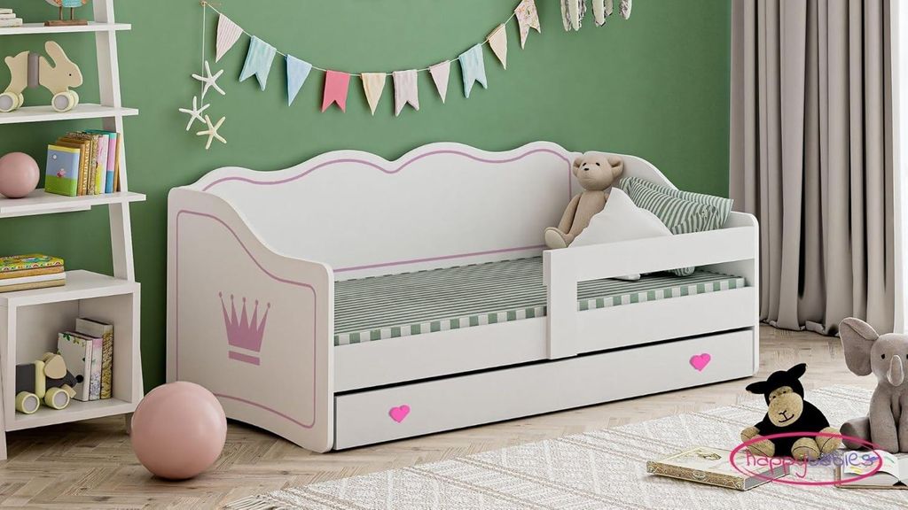 Happy Babies ROYAL Kinderbett 160 x 80 mit Rausfallschutz & Bettkasten Kinderzimmer Bett mit Kronenmotiv Bett für Kinder mit Matratze 80x160