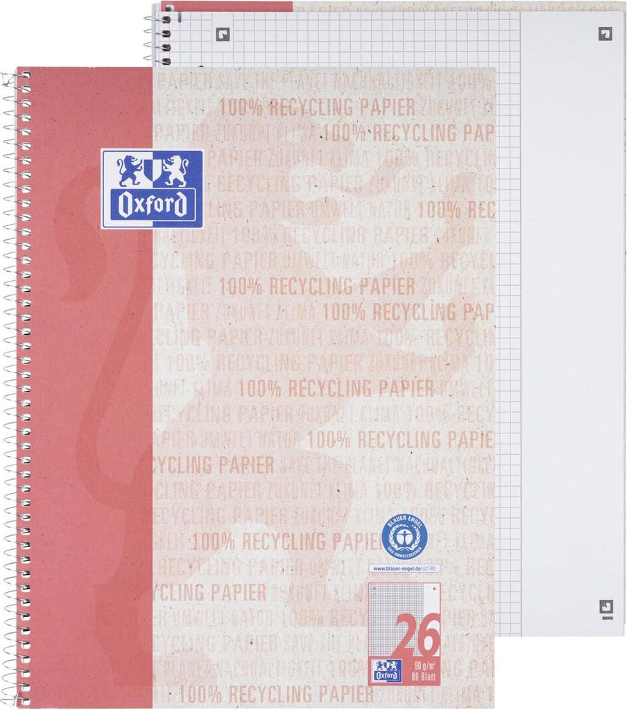 Collegeblock Recycling LIN 26 - A4+ 80 Blatt kariert Rand rechts blau. Packung mit 10 Stück