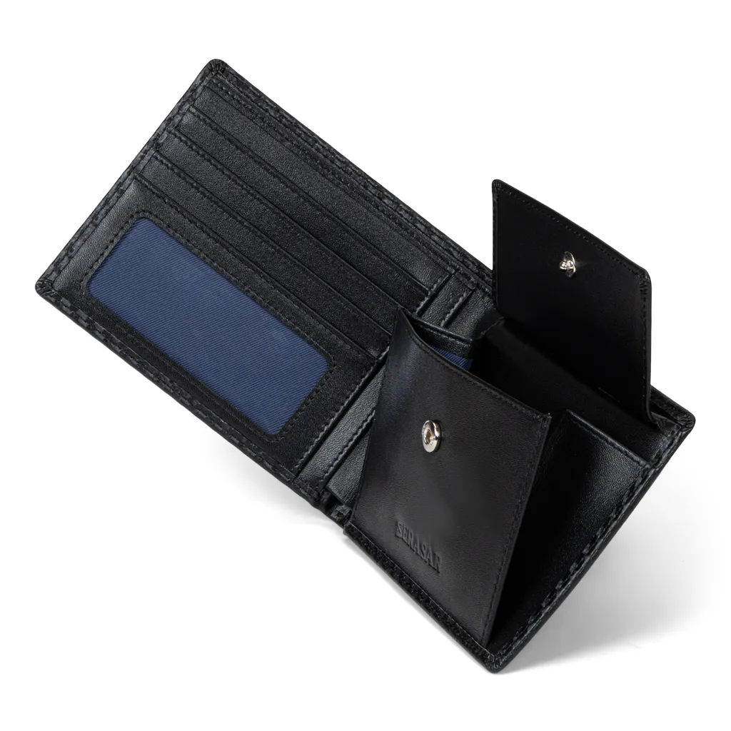 Portafoglio SERASAR Nero in Pelle Carbonio - Accessorio Uomo 13cm - 3