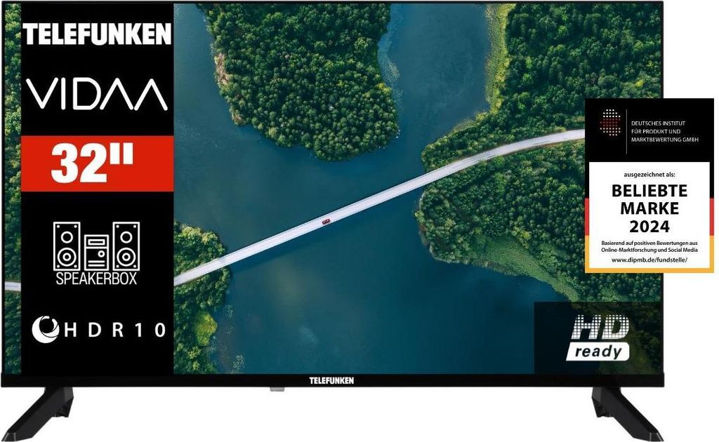 A Telefunken LED TV with a nature scene on its screen, featuring branding and awards.