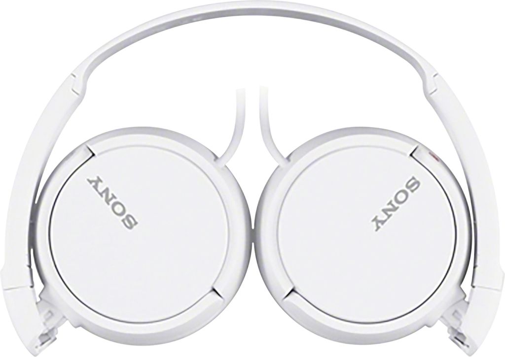 A pair of white Sony headphones folded in half, viewed from above.