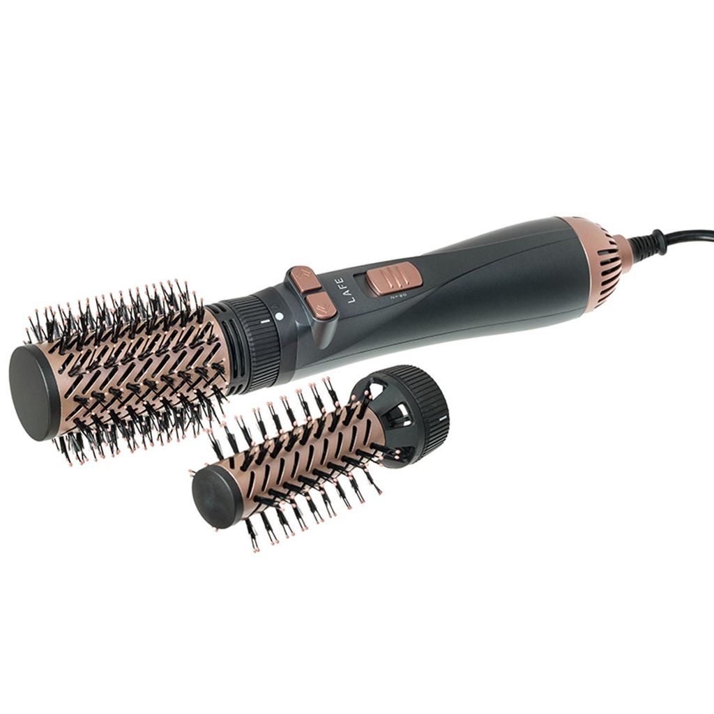 A hair styling tool with two brush attachments on a white background.
