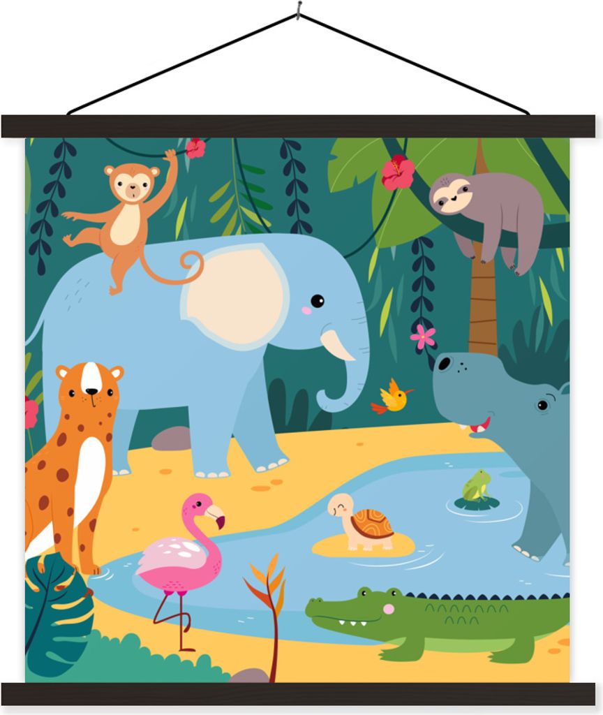 MuchoWow Textilposter Dschungel - Elefant - Tiere 120x120 cm mit schwarzem Rahmen - Aufhängungsset