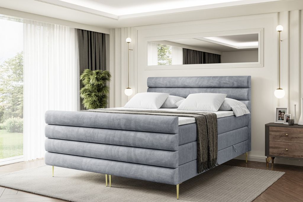 ALTDECOR Boxspringbett mit Gold Füßen, Matratze und Lattenrost, Topper, Fußteil, Polsterbett mit Bettkasten, Bett mit Stauraum H3- und H4- Matra...