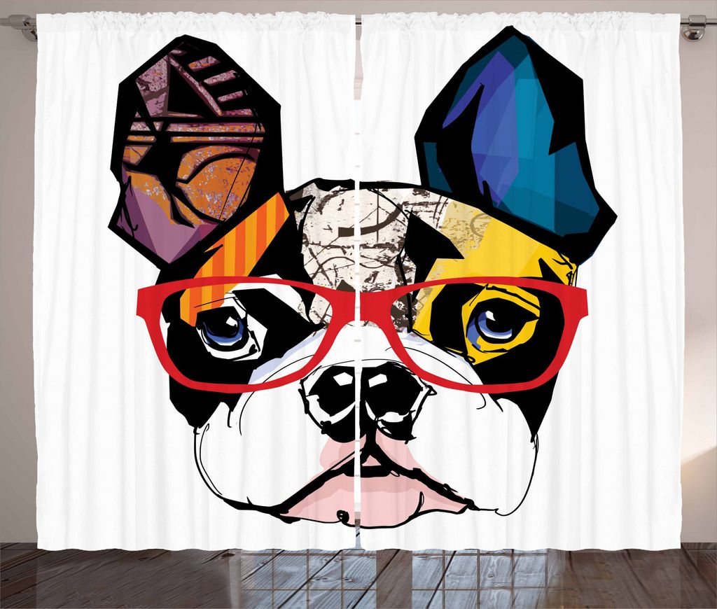 ABAKUHAUS Bulldogge Rustikaler Gardine, Moderne Kunst bunt, Schlafzimmer Kräuselband Vorhang mit Schlaufen und Haken, 280 x 225 cm, Mehrfarbig