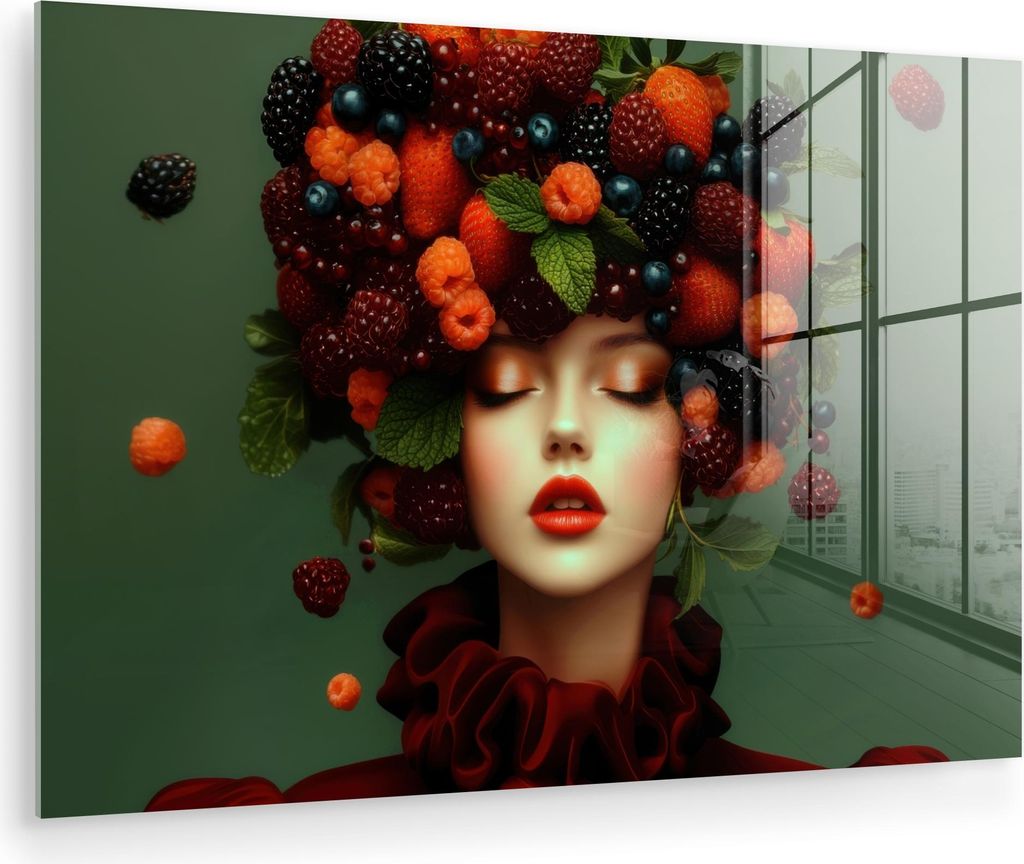MuchoWow Glasbilder - Bilder auf Wandbild - Foto auf Glas Weiblich - Erdbeeren - Himbeeren - Brombeeren - Beeren 120x80 cm Wanddekoration aus Glas ...