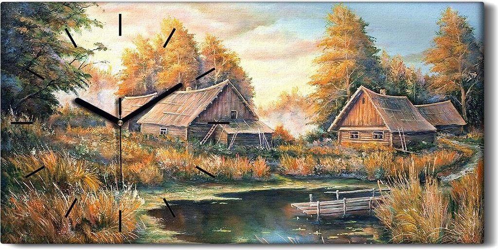 Dekor Leinwand Uhr Wandbilder Geräuschlos 60x30 Malerei Hütten Wald Bäume Natur - schwarze Hände