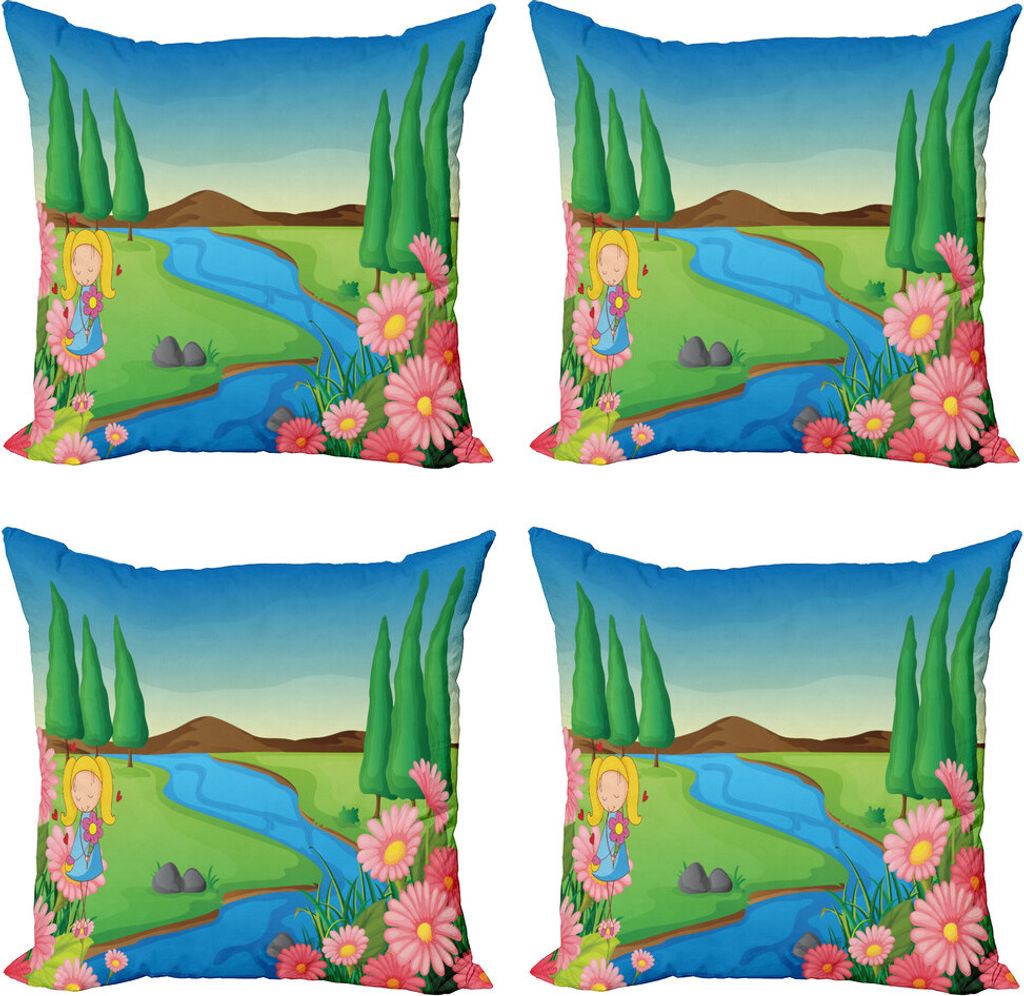 ABAKUHAUS Kindergarten Kissenbezug Set (4 Stück), Kleines Mädchen Beruhigende Natur, Moderner Doppelseitiger Digitaldruck, 50 cm x 50 cm, Mehrfarbig