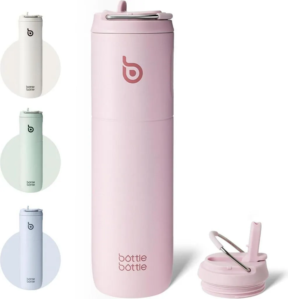 Bottiglia isolata da 680 ml con cannuccia e manico, rosa a doppia parete