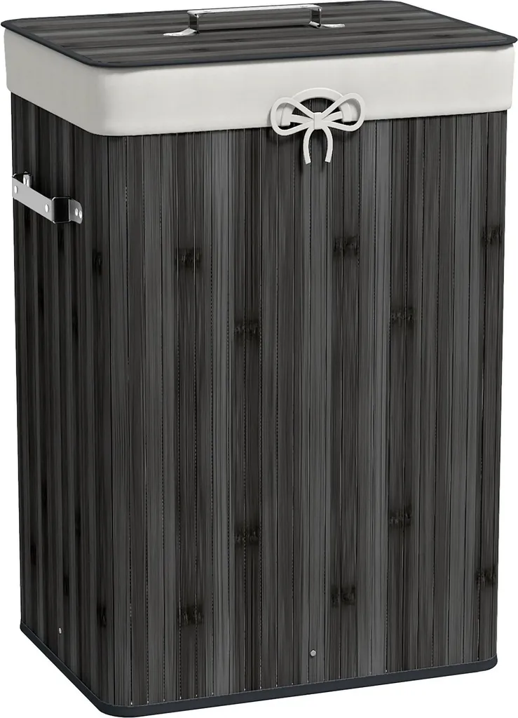 Panier à Linge Pliable Bambou Gris Foncé - 40x30x60 cm - Avec Couvercle