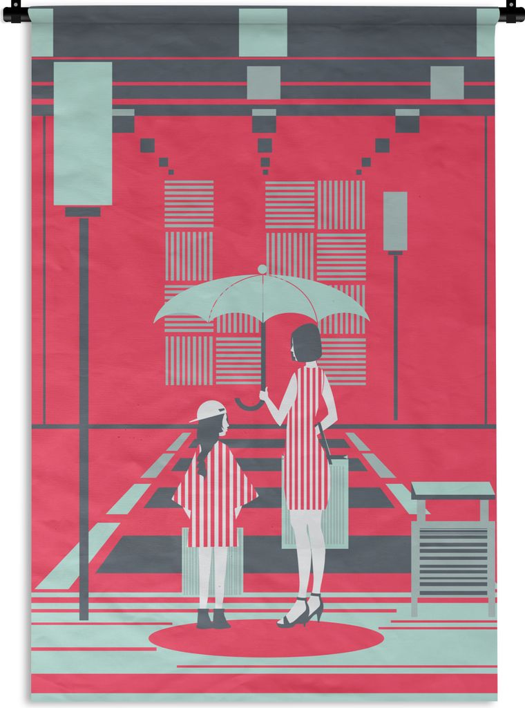 MuchoWow Wandteppich Wandbehang Muttertag Illustration Mutter mit Kind und Regenschirm 60x90 cm Tapisserie Dekoration Wandtuch - Foto-Teppich - A...