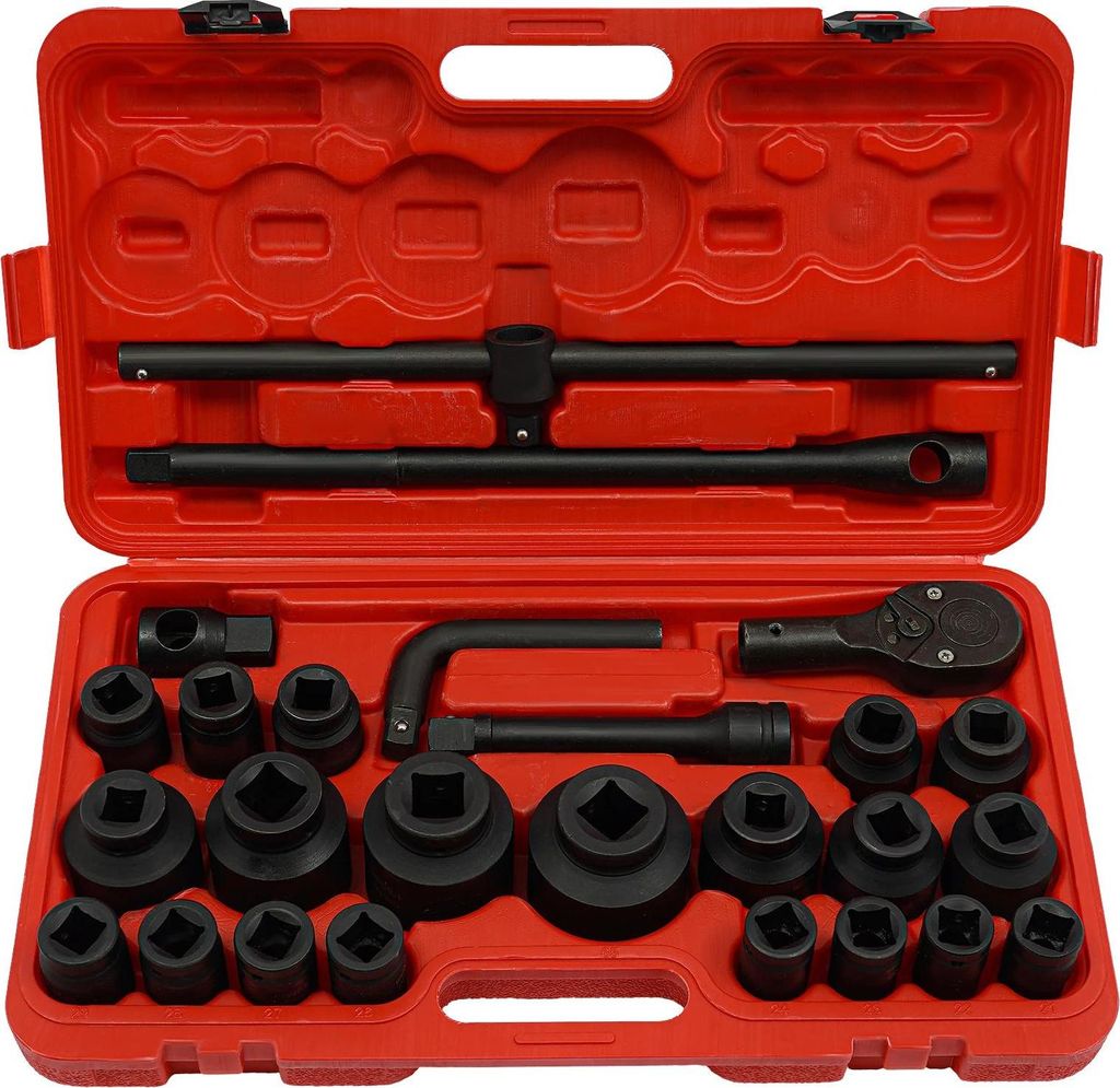 Steckschlüsselsatz - 26-teilig - 1,9 cm & 2,54 cm Vierkantantrieb - 21–65 mm Stecknüsse - Ratsche, Adapter, Verlängerung - Werkzeugkoffer - Sc...