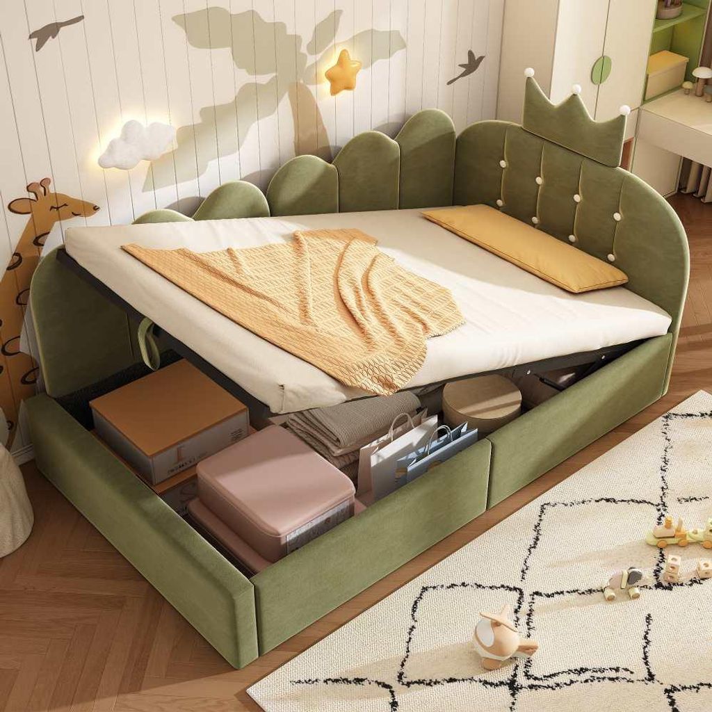Polsterbett Tagesbett, Sofa Bett aus Samt mit Stauraum und Kronen-Gitter-Design, Gästebett-Schlafsofa, L-Form, ohne Matratze, 90x200 cm, Grün