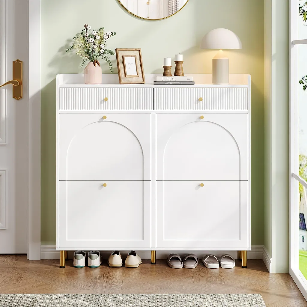 Meuble chaussures étroit blanc en MDF avec 4 portes et tiroirs de tri