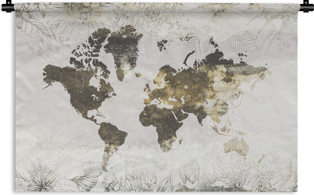 MuchoWow Wandteppich Wandbehang Weltkarte - Blumen - Gold 120x80 cm Tapisserie Dekoration Wandtuch - Wanddekorationen - Wandtücher