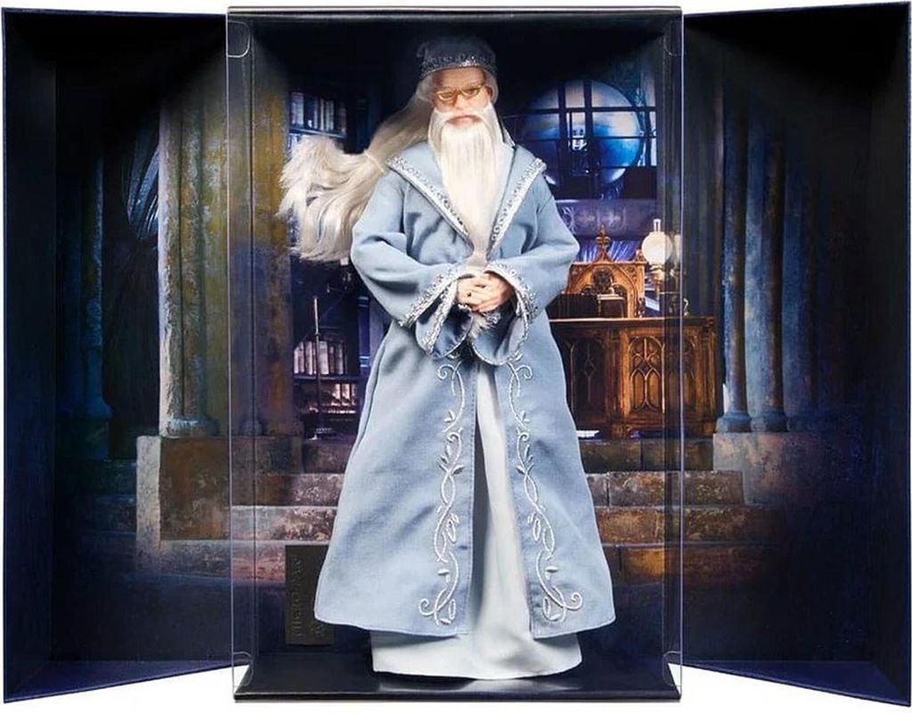 A doll of Albus Dumbledore in a display case with a backdrop of a library or study.