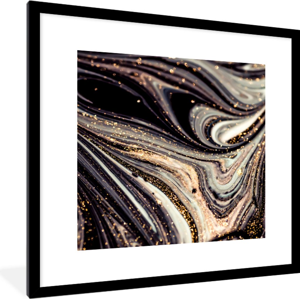 MuchoWow Gerahmtes Poster Marmoroptik - Schwarz - Gold - Weiß - Glitter - Marmor 40x40 cm - Poster mit Schwarzem Bilderrahmen Wandposter Rahmen ...