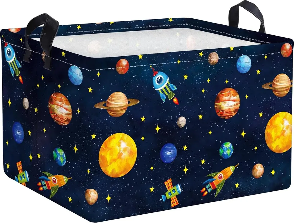 Rangement chambre enfant pour vêtements et jouets motif fusée bleue