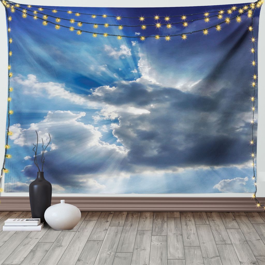 ABAKUHAUS Landschaft Wandteppich, Sonnenstrahlen von Wolken, Wohnzimmer Schlafzimmer Heim Seidiges Satin Wandteppich, 200 x 150 cm, Grün Blau