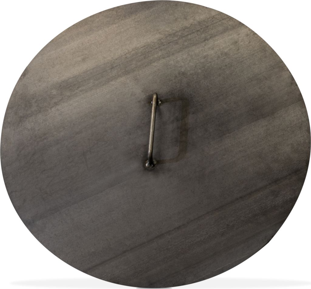 A round, flat metal lid with a small metal handle attached to the center.
