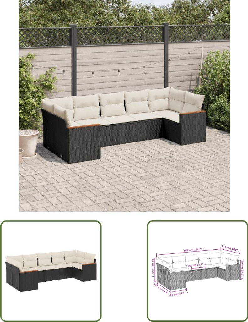 The Living Store 7-tlg. Garten-Sofagarnitur mit Kissen Schwarz Poly Rattan